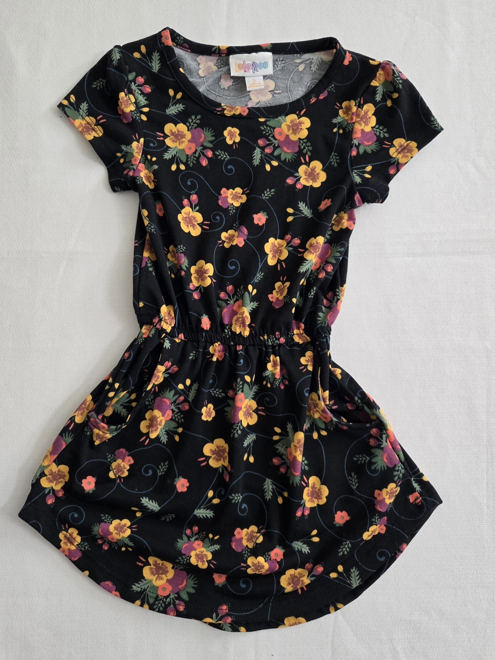 LuLaRoe Black Floral Short-Sleeve Elastic-Waist Dress for Little Girls, Size 2